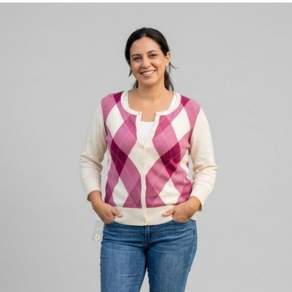 G.H. Bass & Co women L argyle button cardigan sweater pink cream 100% cotton NWT